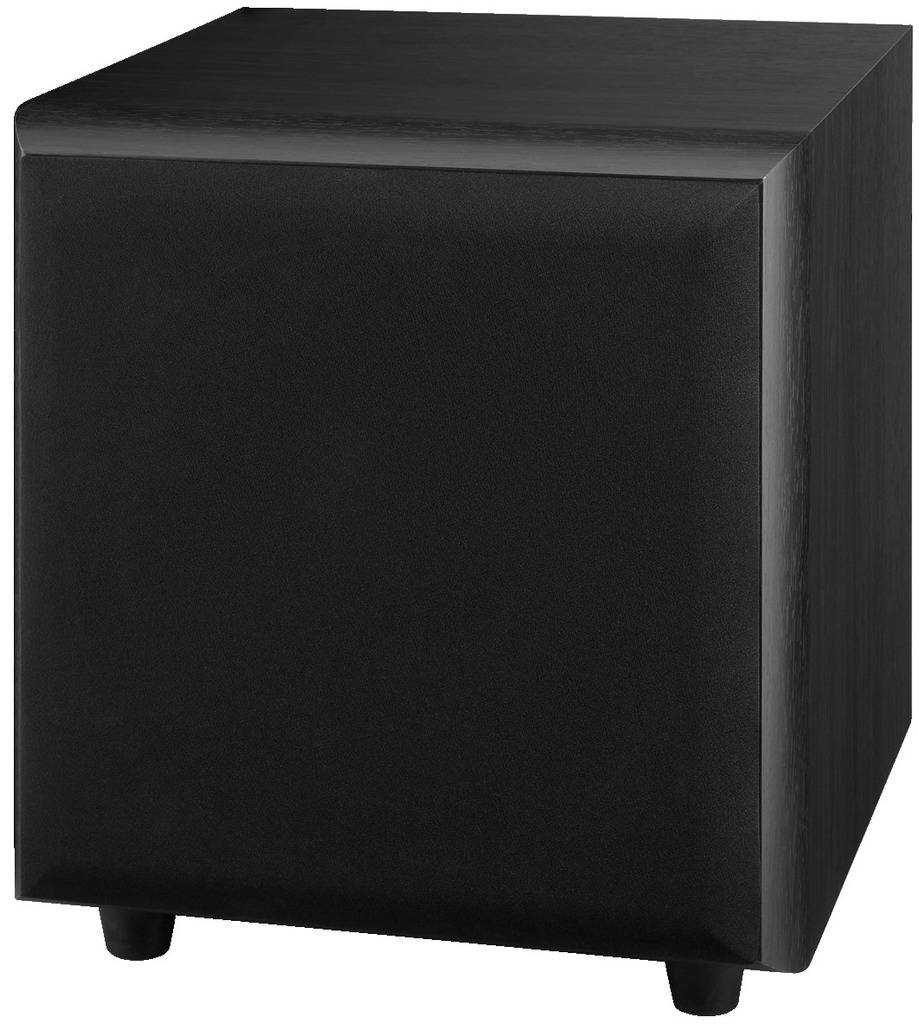 Ein schwarzer, würfelförmiger Lautsprecher, auf kleinen Füßen stehend.