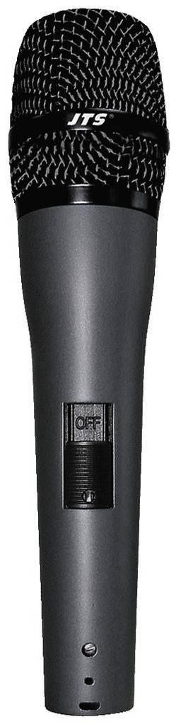 Schwarzes Handmikrofon mit Ein/Aus-Schalter, geeignet für Bühnen- oder Studioauftritte.