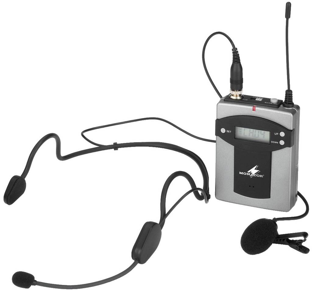 Kompaktes, drahtloses Mikrofon-Set mit Headset-Mikrofon und Taschenempfänger, geeignet für Präsentationen und Bühnenauftritte.