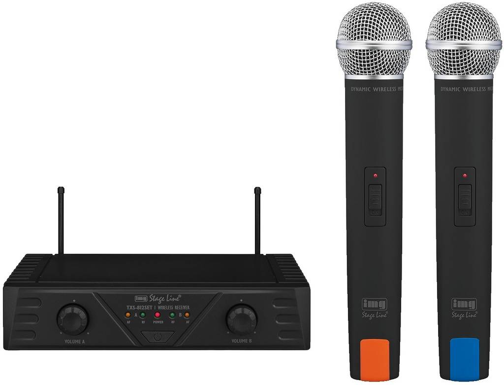 Zwei kabellose Mikrofone und ein Empfänger für Audioübertragung. Ideal für Bühnenauftritte und Veranstaltungen.
