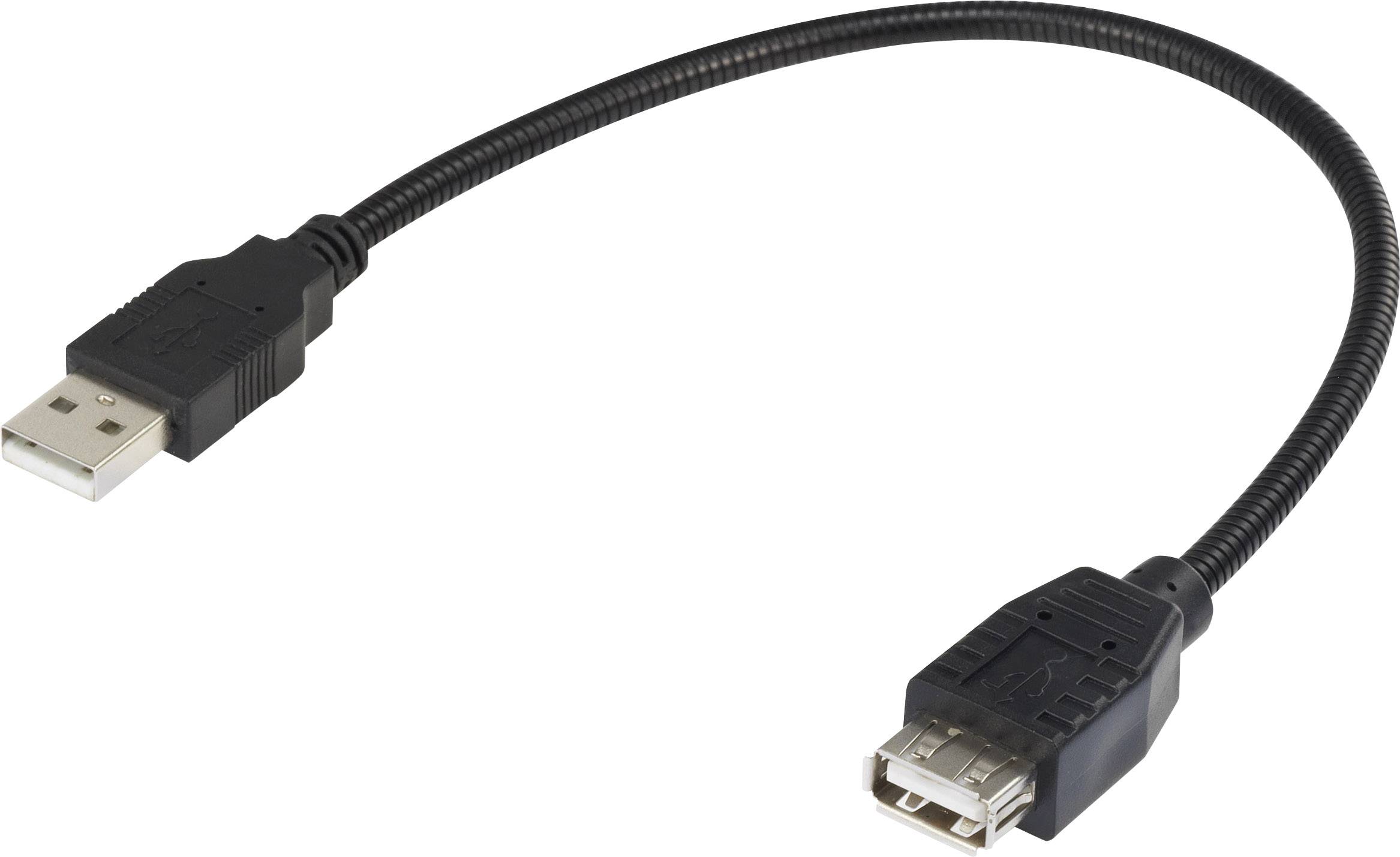 Ein schwarzes USB-Verlängerungskabel mit einem USB-A-Stecker auf der einen Seite und einer USB-A-Buchse auf der anderen Seite.
