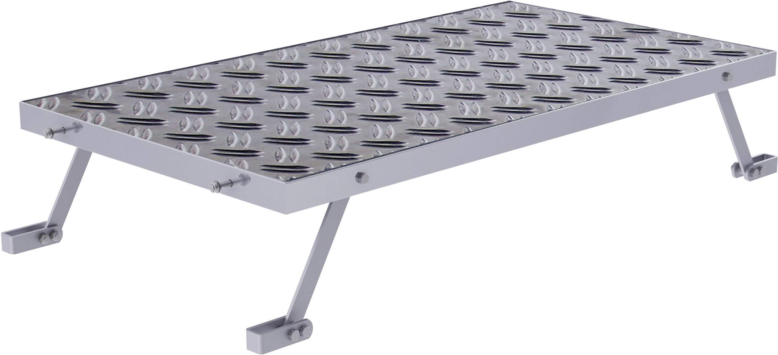 Metallplattform mit vier klappbaren Beinen, geeignet für den industriellen Einsatz. Oberseite mit rutschfestem Muster für Stabilität.