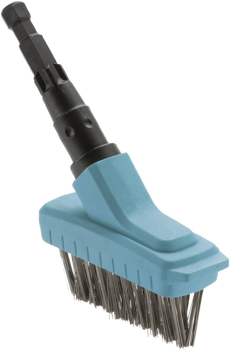 Eine blaue Drahtbürste mit schwarzem Griff, entworfen zur Verwendung mit Elektrowerkzeugen, zum Entfernen von Rost und Schmutz.