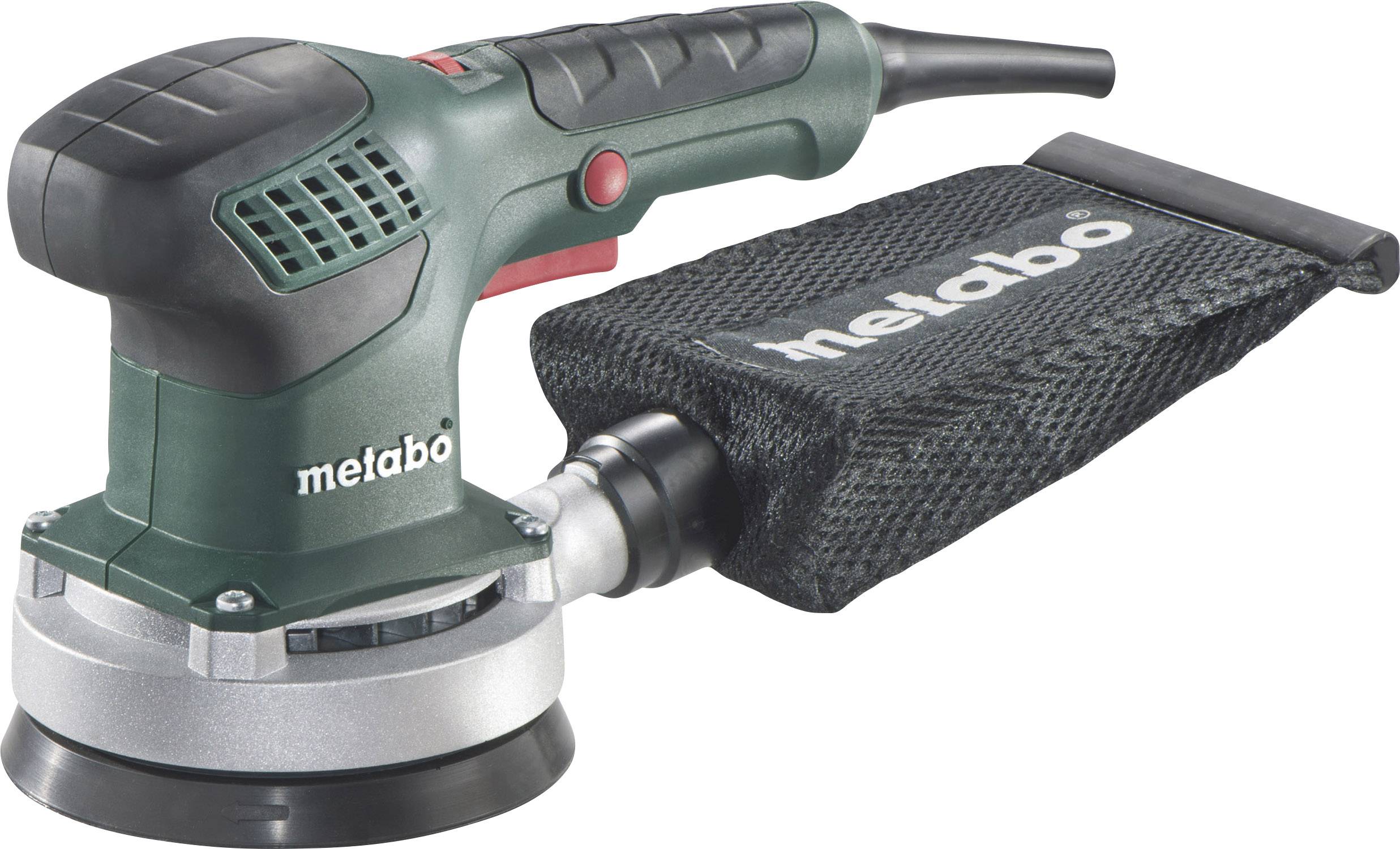 Ein grüner und schwarzer Elektroschleifer der Marke Metabo mit Staubbeutel und rotem Einschaltknopf.