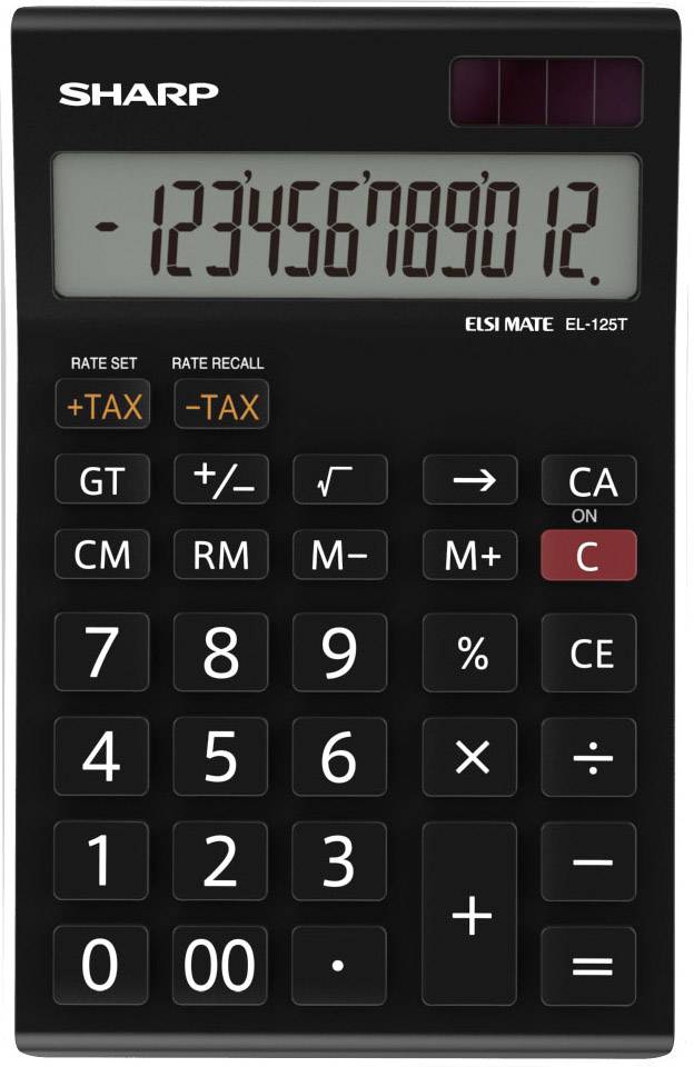 Schwarzer Taschenrechner mit Display zeigt '-1234567890 12.' Über dem Display steht 'SHARP'. Tasten für Grundrechenarten sind sichtbar.
