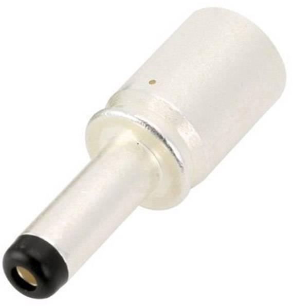 Ein silberner elektrischer Stecker, häufig für Netzteile verwendet. Zeigt eine zylindrische Form mit schwarzer Isolationsspitze.