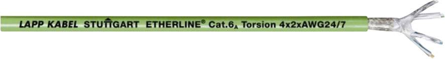 Ein grünes Ethernetkabel von LAPP KABEL STUTTGART mit der Aufschrift 'ETHERLINE Cat.6, Torsion 4x2xAWG24/7', freigelegte Drähte rechts.
