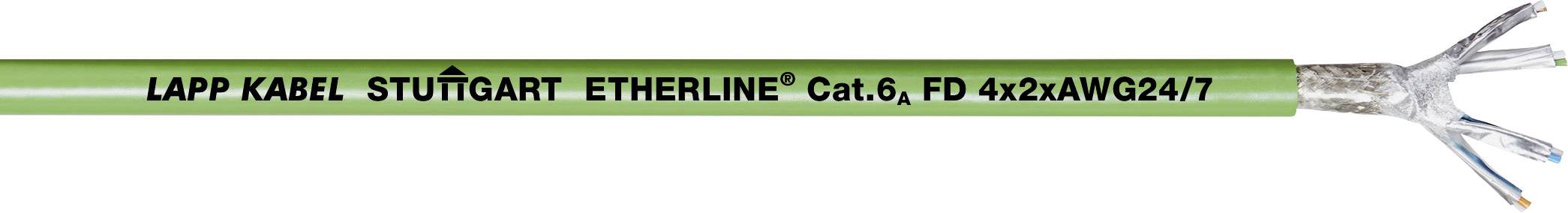 Grünes Ethernet-Kabel mit der Aufschrift 'LAPP KABEL STUTTGART ETHERLINE® Cat.6, FD 4x2xAWG24/7', zeigt Kabelenden mit freiliegenden Adern.