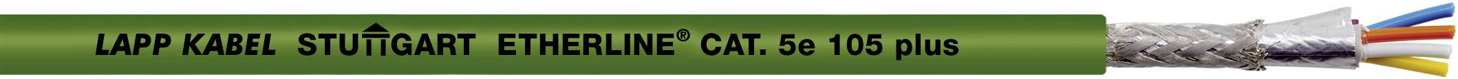 Ein grünes Ethernetkabel, beschriftet mit 'Lapp Kabel Stuttgart Etherline Cat.6a 105 plus', zeigt freiliegende bunte Drahtadern.