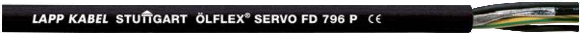 Schwarzes Kabel mit Aufdruck 'LAPP KABEL STUTTGART ÖLFLEX SERVO FD 796 P'. Kabelenden mit mehreren bunten Leitungen sichtbar.
