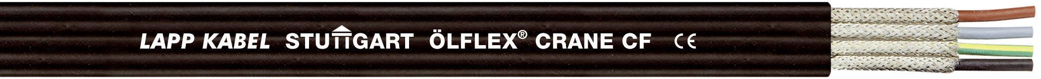 Ein schwarzes Kabel mit der Aufschrift 'Lapp Kabel Stuttgart Ölflex Crane Co'. Mehradrig, mit Metallgeflecht und verschiedenfarbigen Drähten.