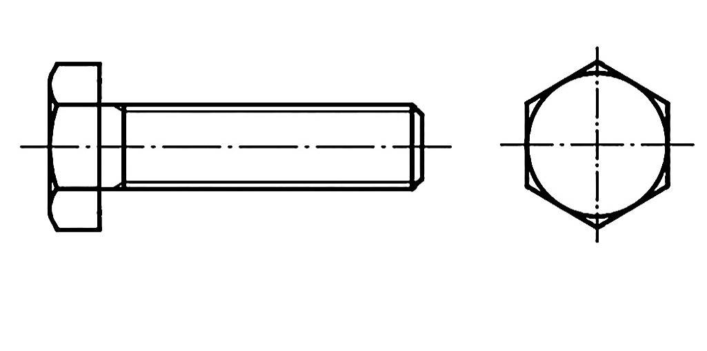 Zeichnung eines Sechskantschraubenprofils mit Seitenansicht links und Draufsicht rechts.