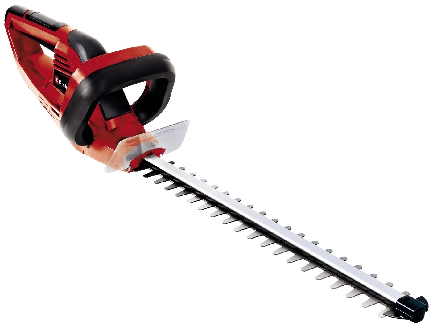 Rote elektrische Heckenschere mit schwarzem Griff, geeignet zum Schneiden von Hecken im Garten.