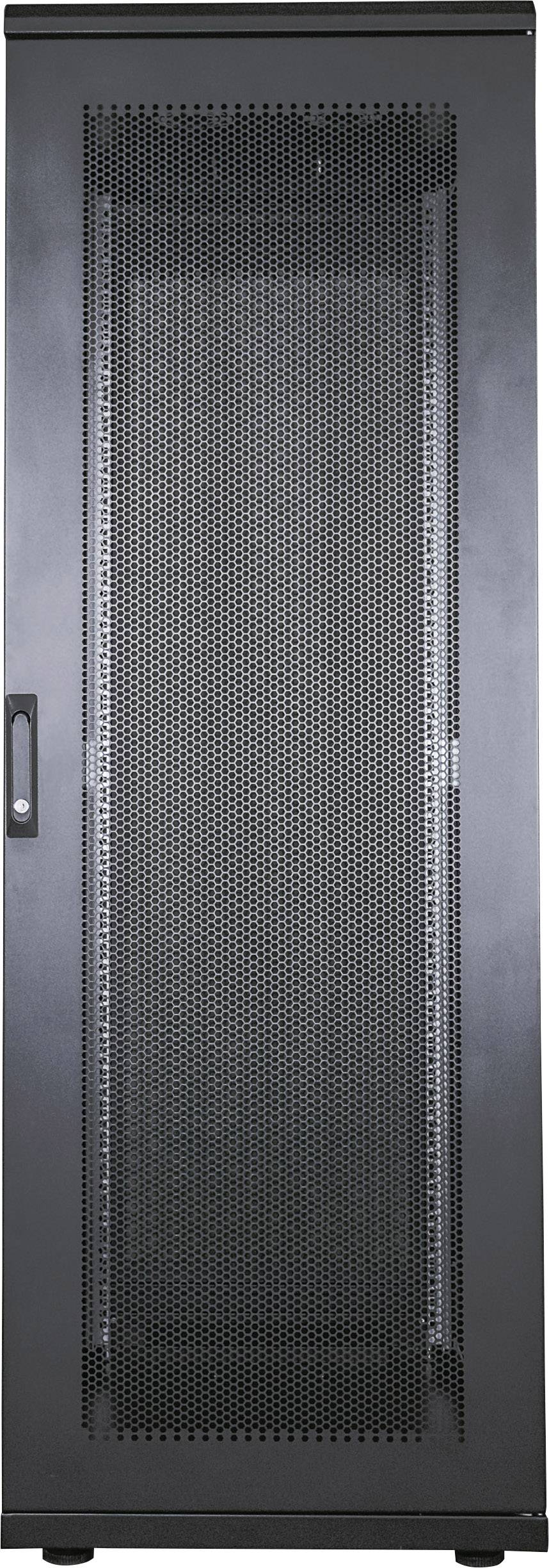 Ein schwarzer Serverschaft mit perforierter Tür und seitlichem Griff, geeignet zur Aufbewahrung von IT-Equipment in einem Rechenzentrum.