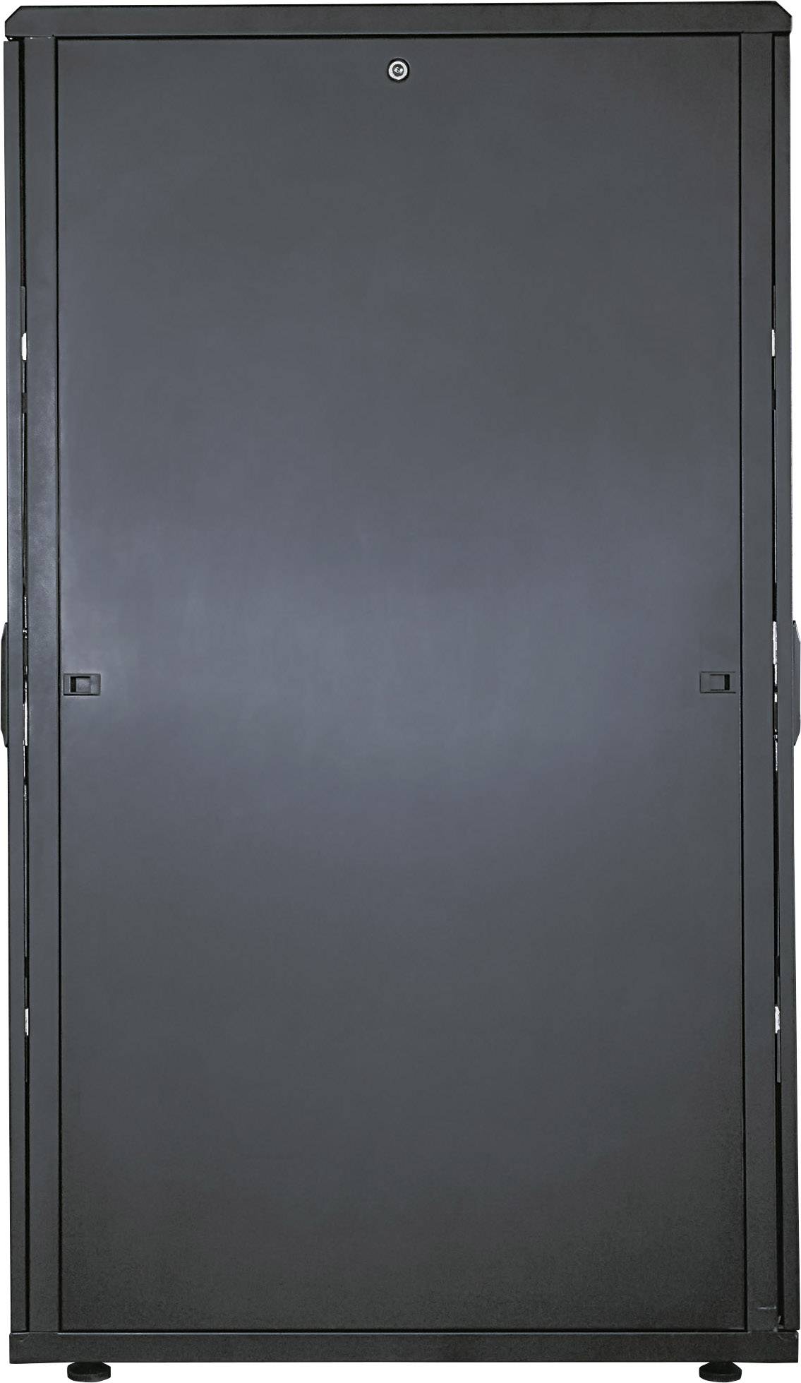 Schwarzer, geschlossener Metallschrank mit Tür und Griff, von vorne gesehen.