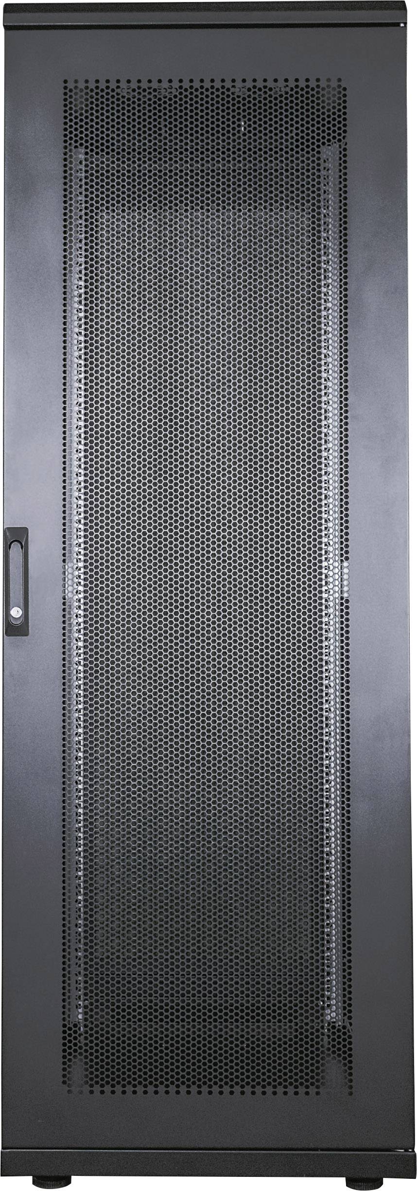 Schwarzer Server-Schrank mit perforierter Tür für Belüftung, geeignet zur Verwahrung von IT-Geräten in einem Rechenzentrum.
