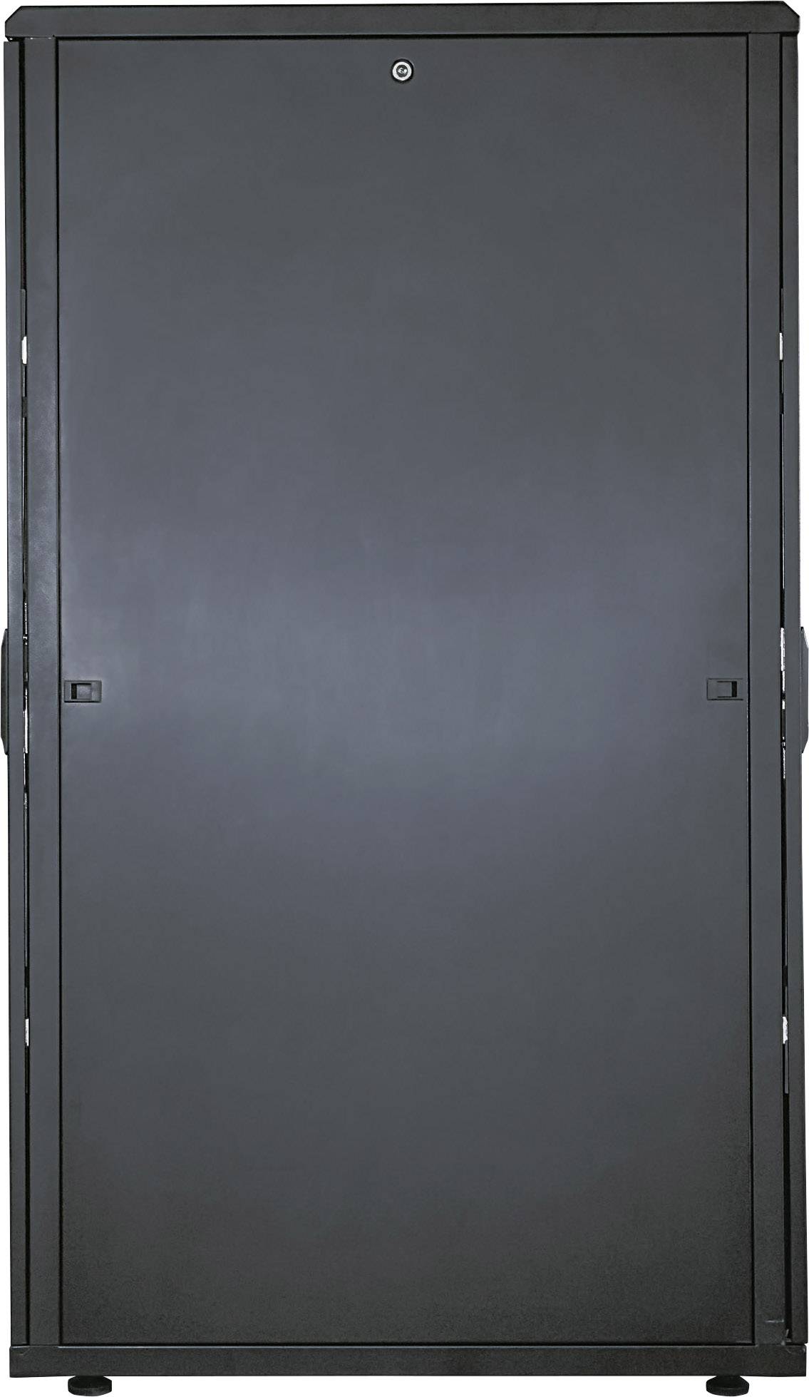 Ein geschlossenes schwarzes Serverrack mit einer Tür, geeignet für die Aufbewahrung von IT-Equipment in einem Rechenzentrum.