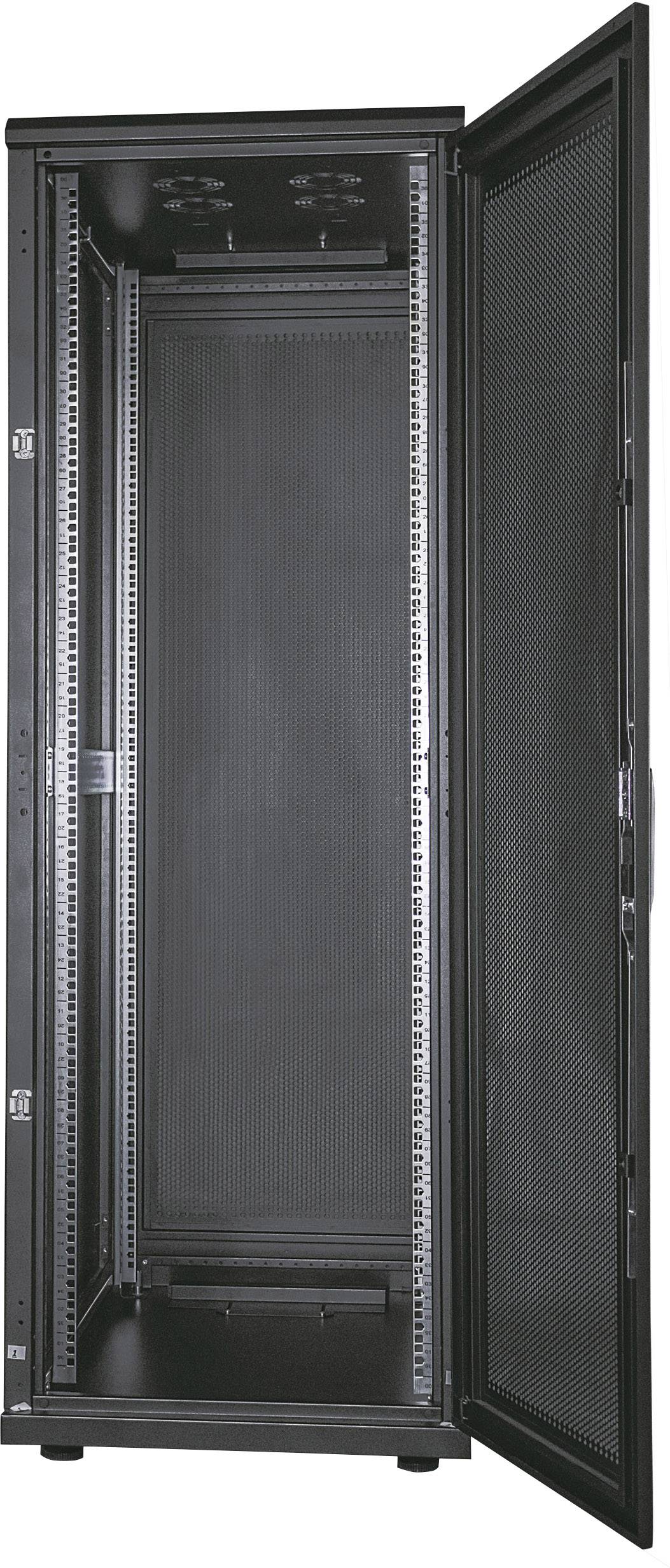 Ein offener, schwarzer Server-Rack-Schrank mit Netzgittertüren, geeignet zur Unterbringung von IT-Geräten.