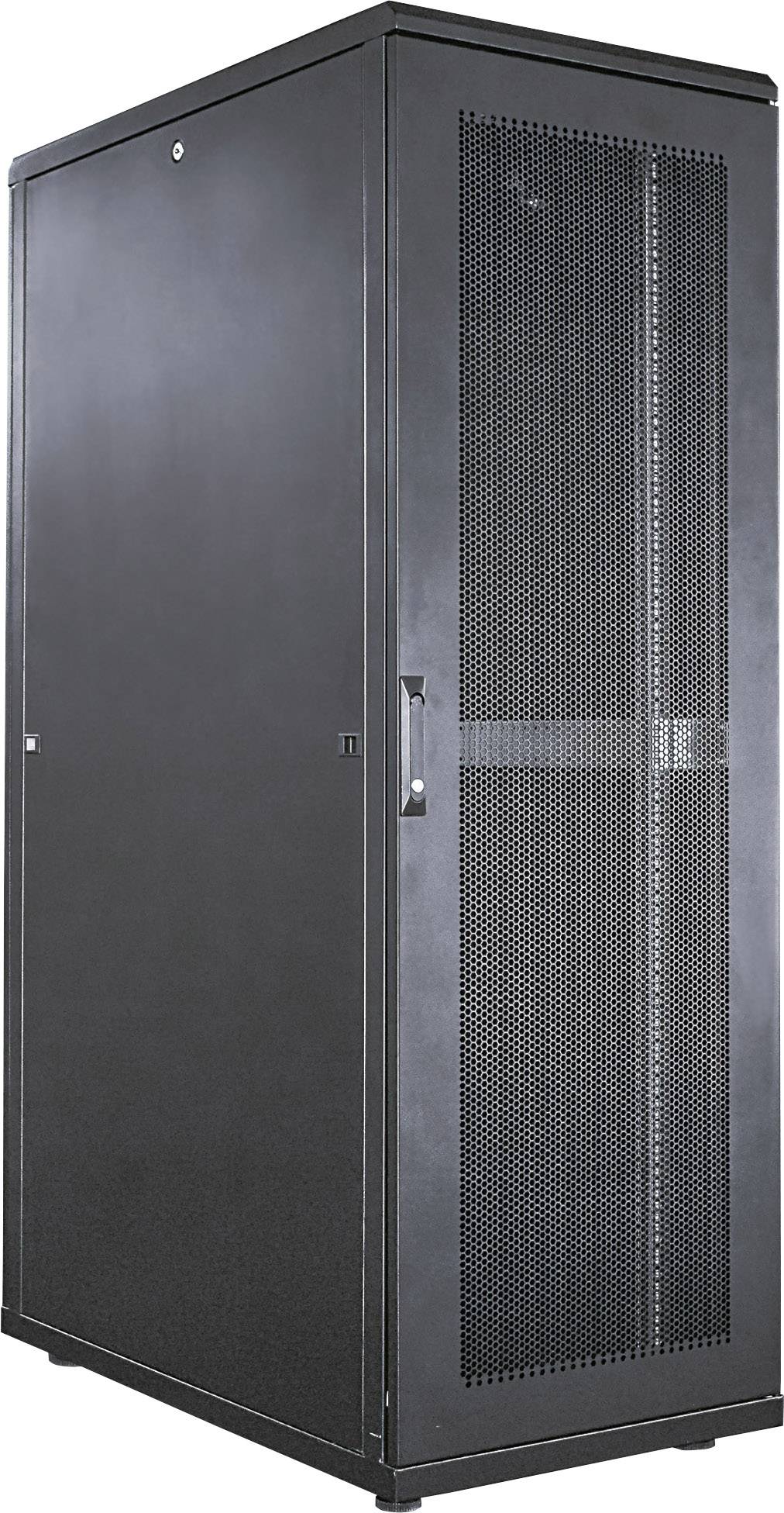 Ein großes, schwarzes Server-Rack mit perforierter Fronttür, geeignet zur Aufbewahrung und Kühlung von Computer- und Netzwerkausrüstung.