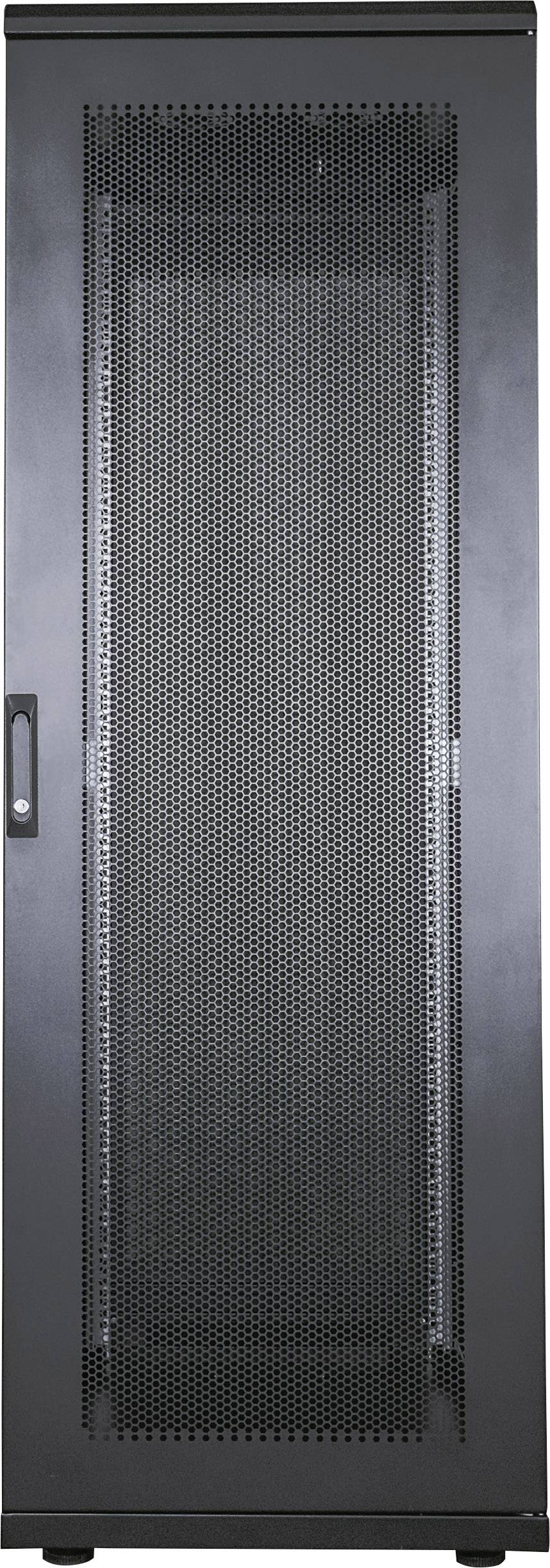 Ein schwarzer Serverschrank mit perforierter Fronttür, geeignet für die Aufbewahrung von IT-Equipment in Rechenzentren oder Büros.