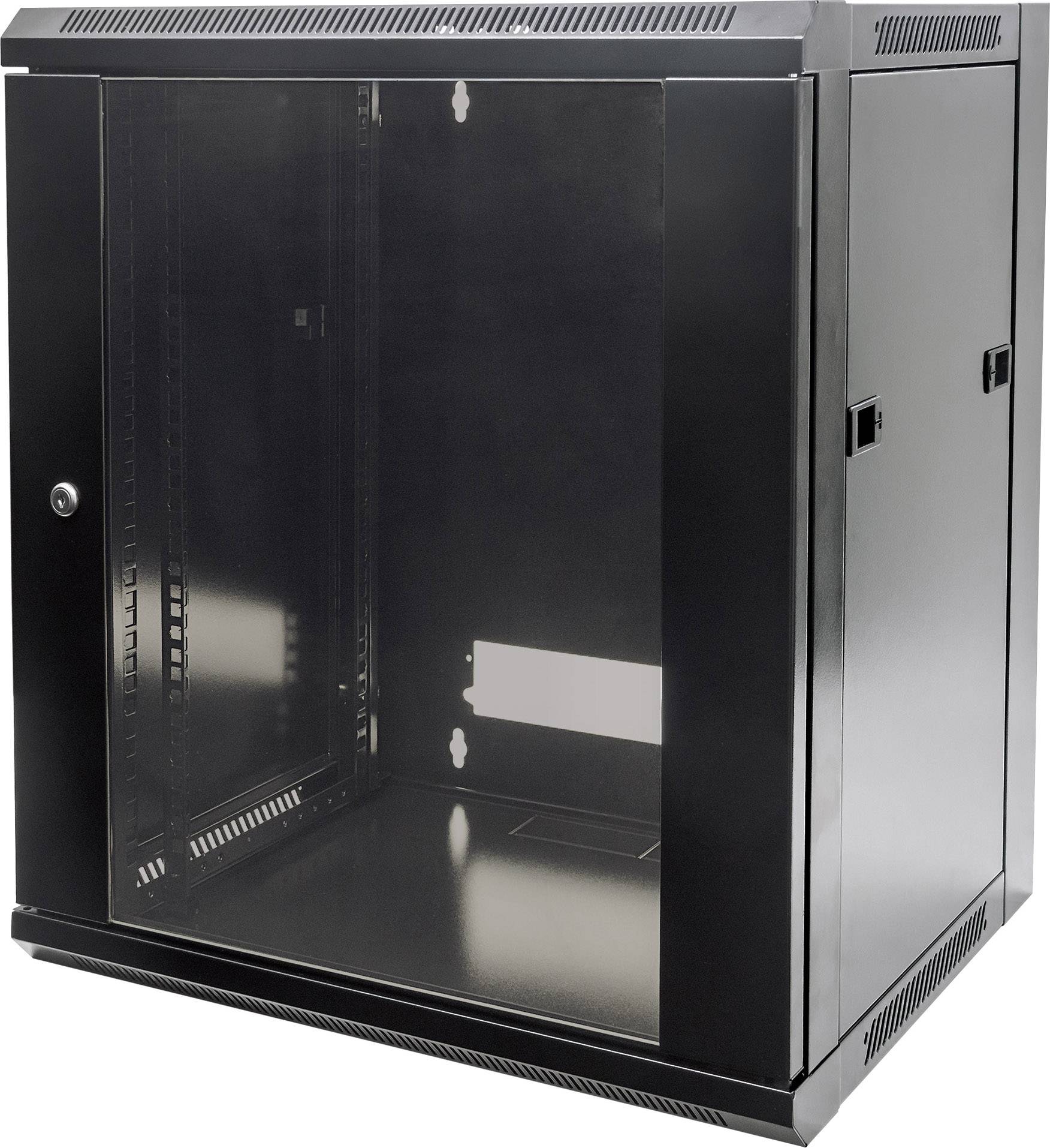 Ein schwarzer Wandgehäuseschrank mit Glastür, geeignet zur Aufbewahrung und Organisation von Servern und IT-Geräten in einem Netzwerkumfeld.