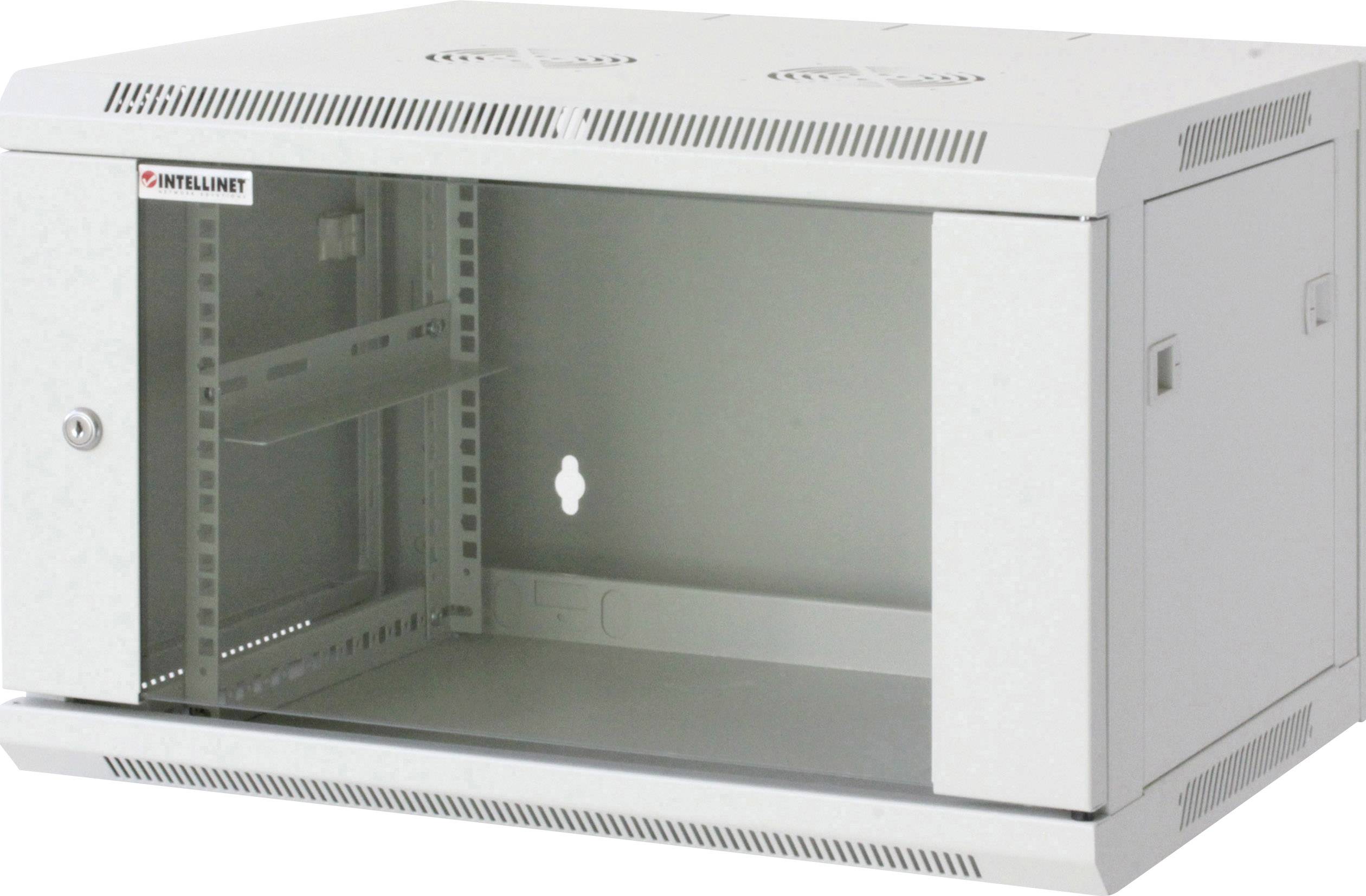 Ein grauer, leerer Netzwerk-Wandschrank mit Glastür, geeignet zur sicheren Unterbringung von IT-Geräten und Netzwerkkomponenten.