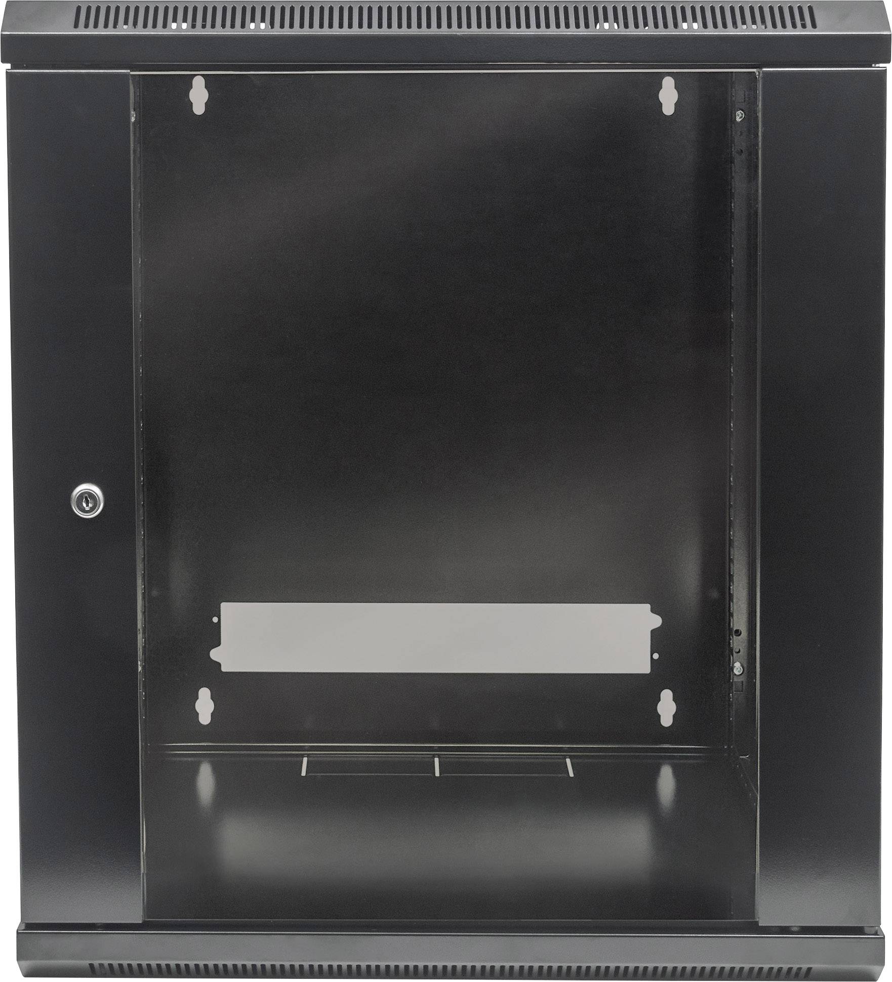 Schwarzer Wandschrank mit Glastür und Schloss, offen zur Installation von elektronischen Geräten, geeignet für Büroumgebungen.