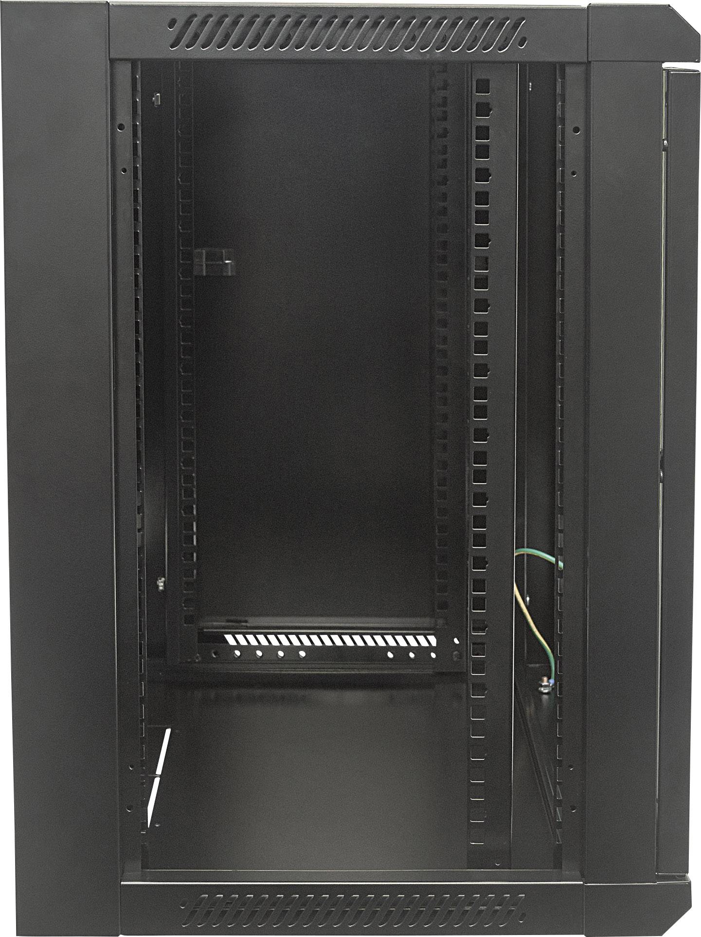 Ein leerer schwarzer Serverschrank, geöffnet, zeigt die Innenseite mit Montageschienen. Geeignet zur Aufnahme von IT-Hardware.