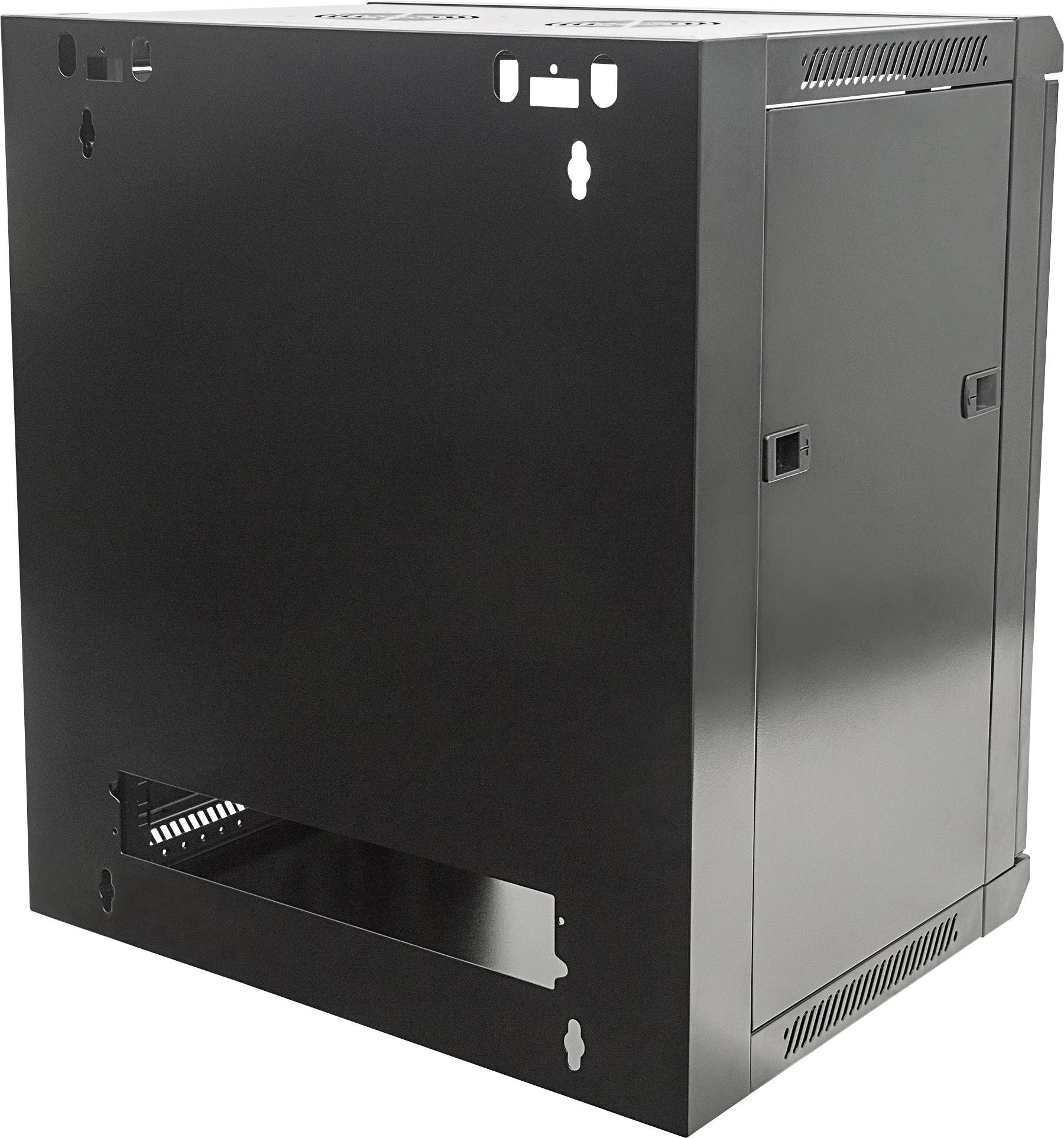 Ein schwarzes Serverrack-Gehäuse mit seitlichen Lüftungsschlitzen. Geeignet zur Wandmontage für Netzwerk- und Serverkomponenten.