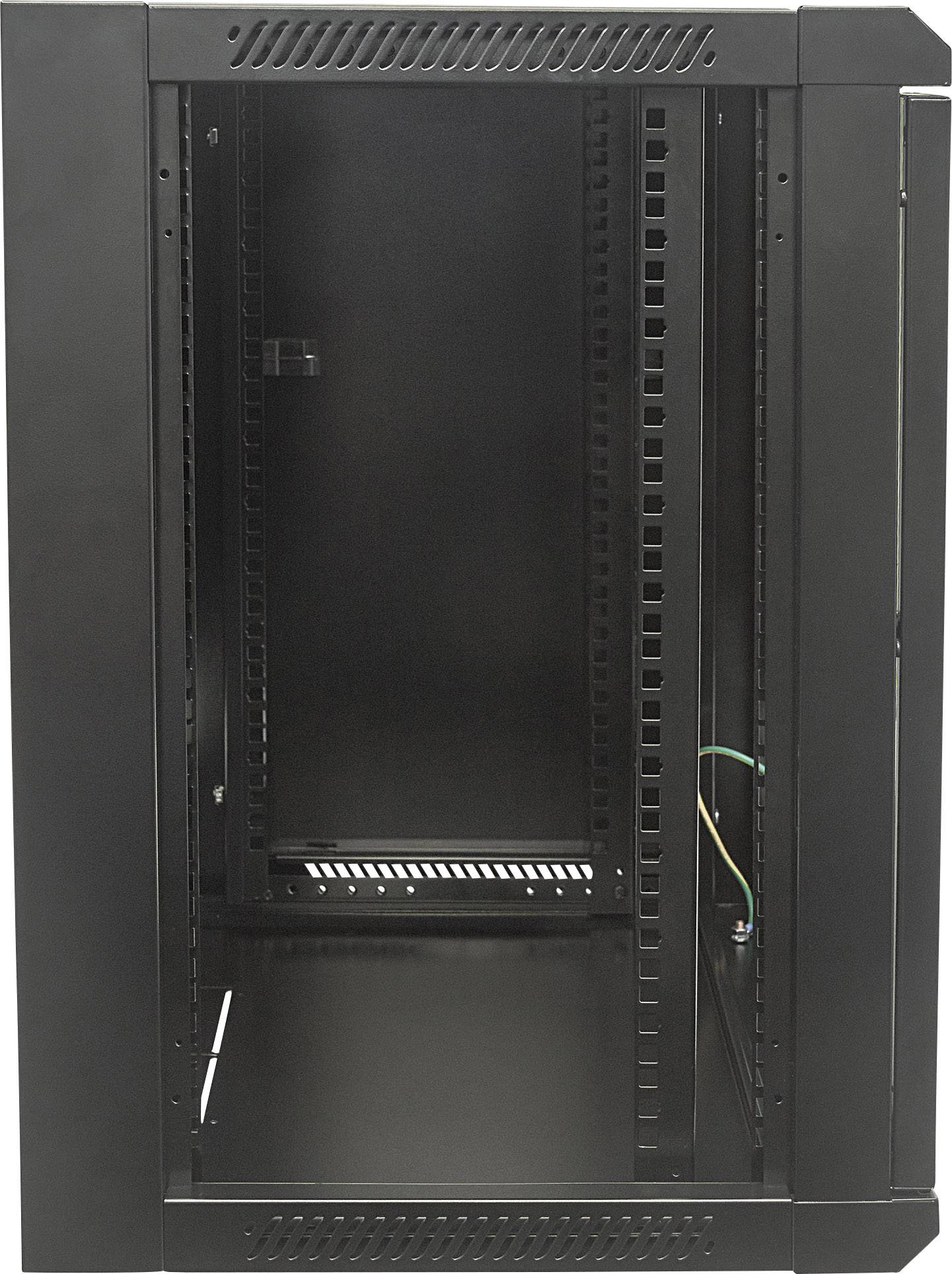 Schwarzes Server-Rack-Gehäuse mit offenen Türen, ohne installierte Geräte. Es zeigt Platz für Server und Kabelmanagement.
