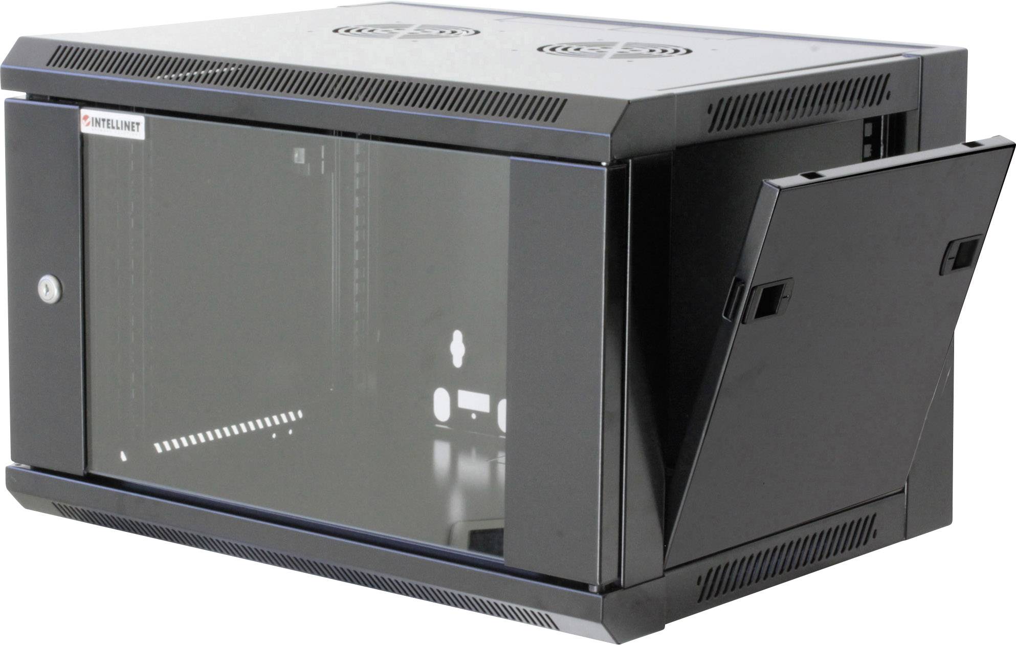 Wandmontierter Serverschrank mit glastür und seitlichem Belüftungsgitter, geeignet für Netzwerk-oder IT-Ausrüstung.