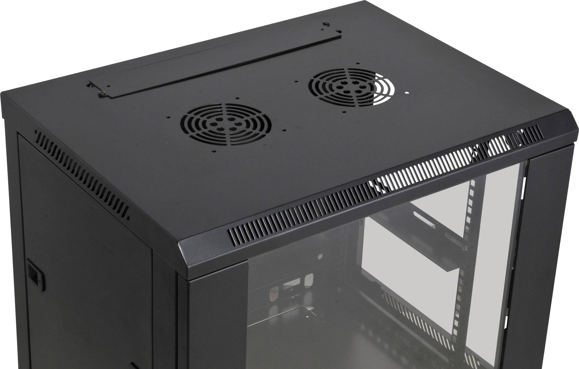 Schwarzes Server-Gehäuse mit zwei integrierten Lüftern oben und einer transparenten Glastür, geeignet zur Unterbringung von Netzwerktechnik.