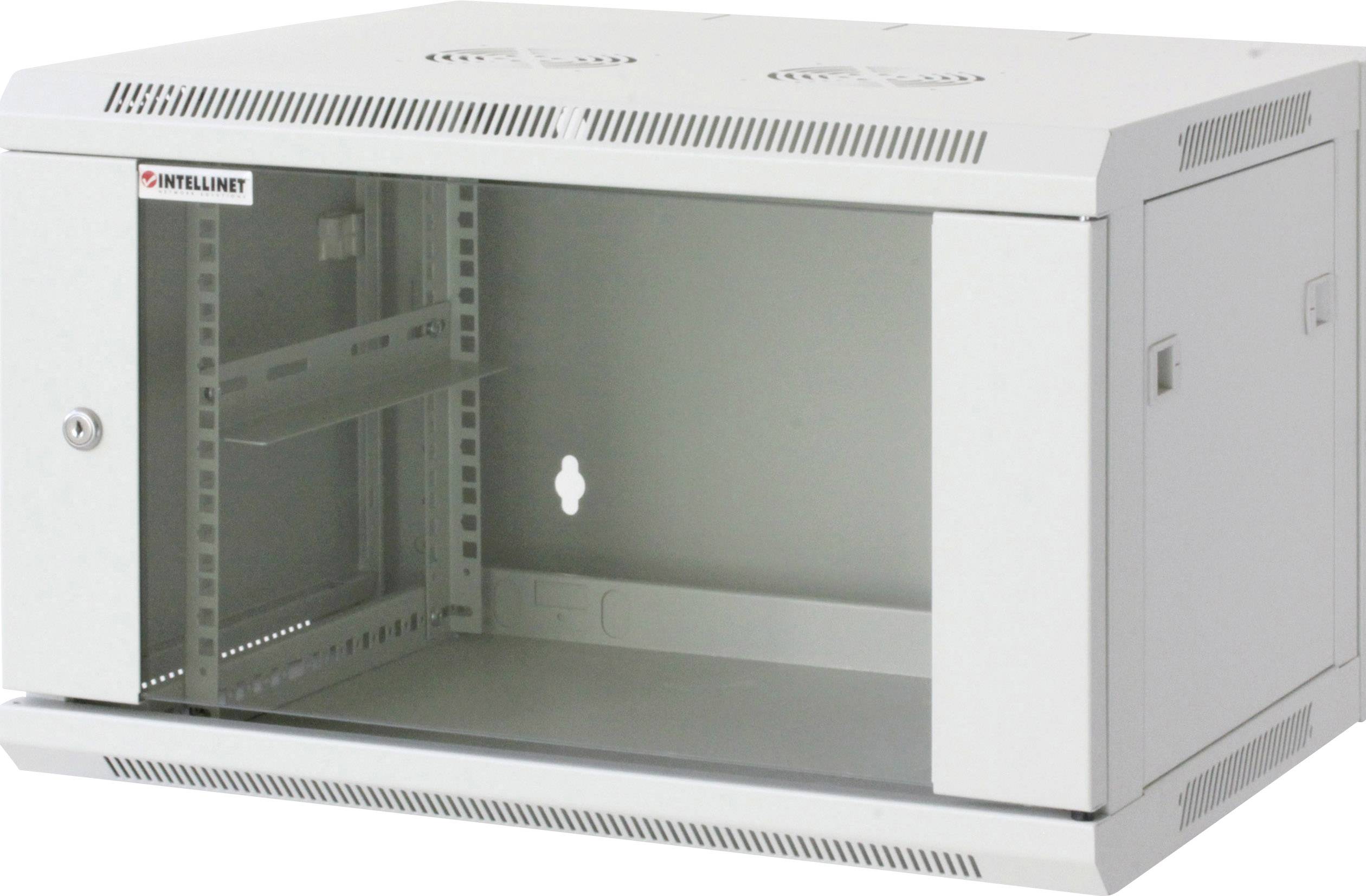 Ein grauer, wandmontierbarer Netzwerkschrank mit offener Frontseite, geeignet zur Aufnahme von Netzwerkgeräten wie Switches oder Routern.