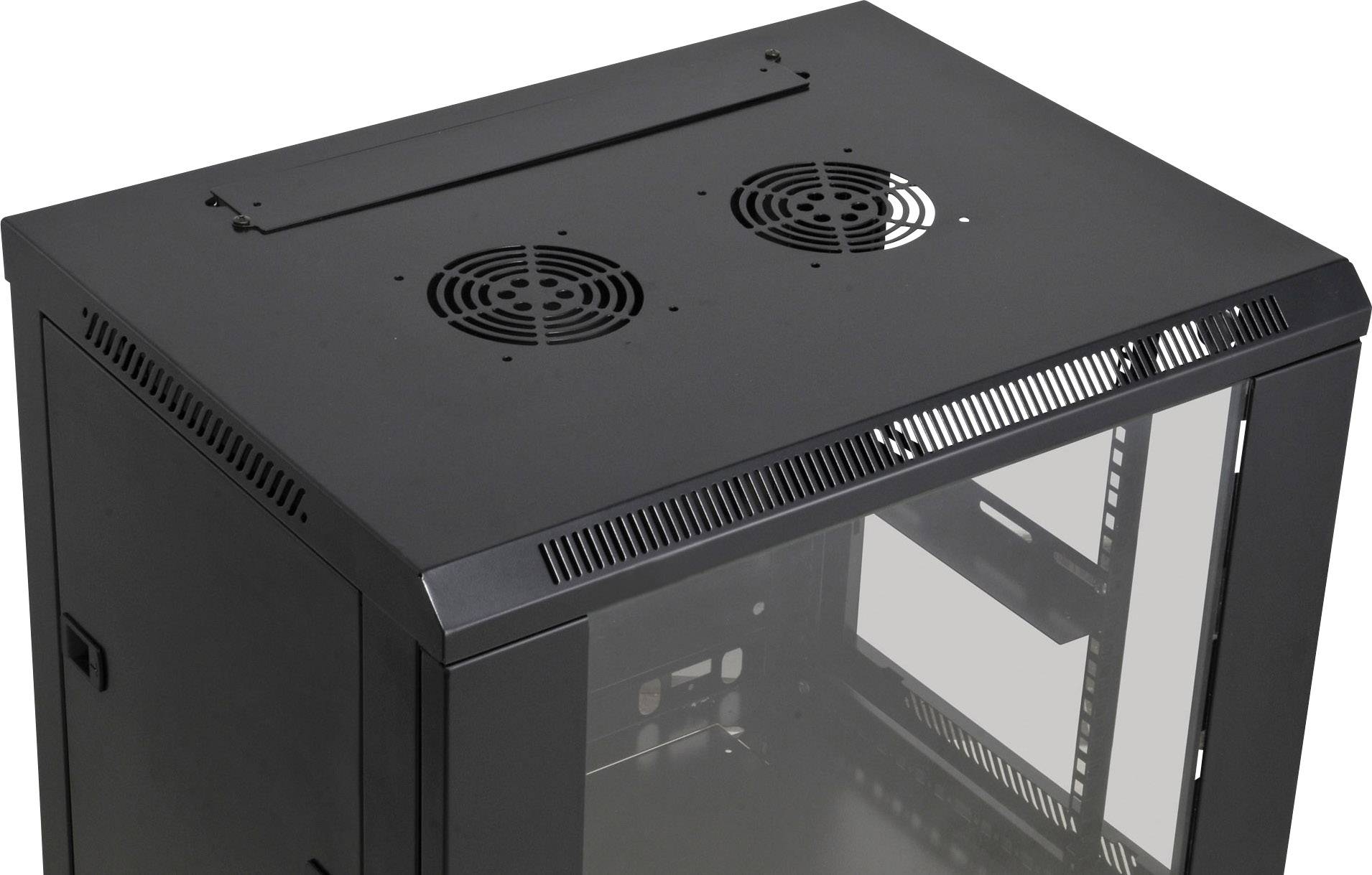 Schwarzes Computergehäuse mit zwei Lüftern oben und einer transparenten Seitenwand. Geeignet für Server- oder Netzwerkhardware.