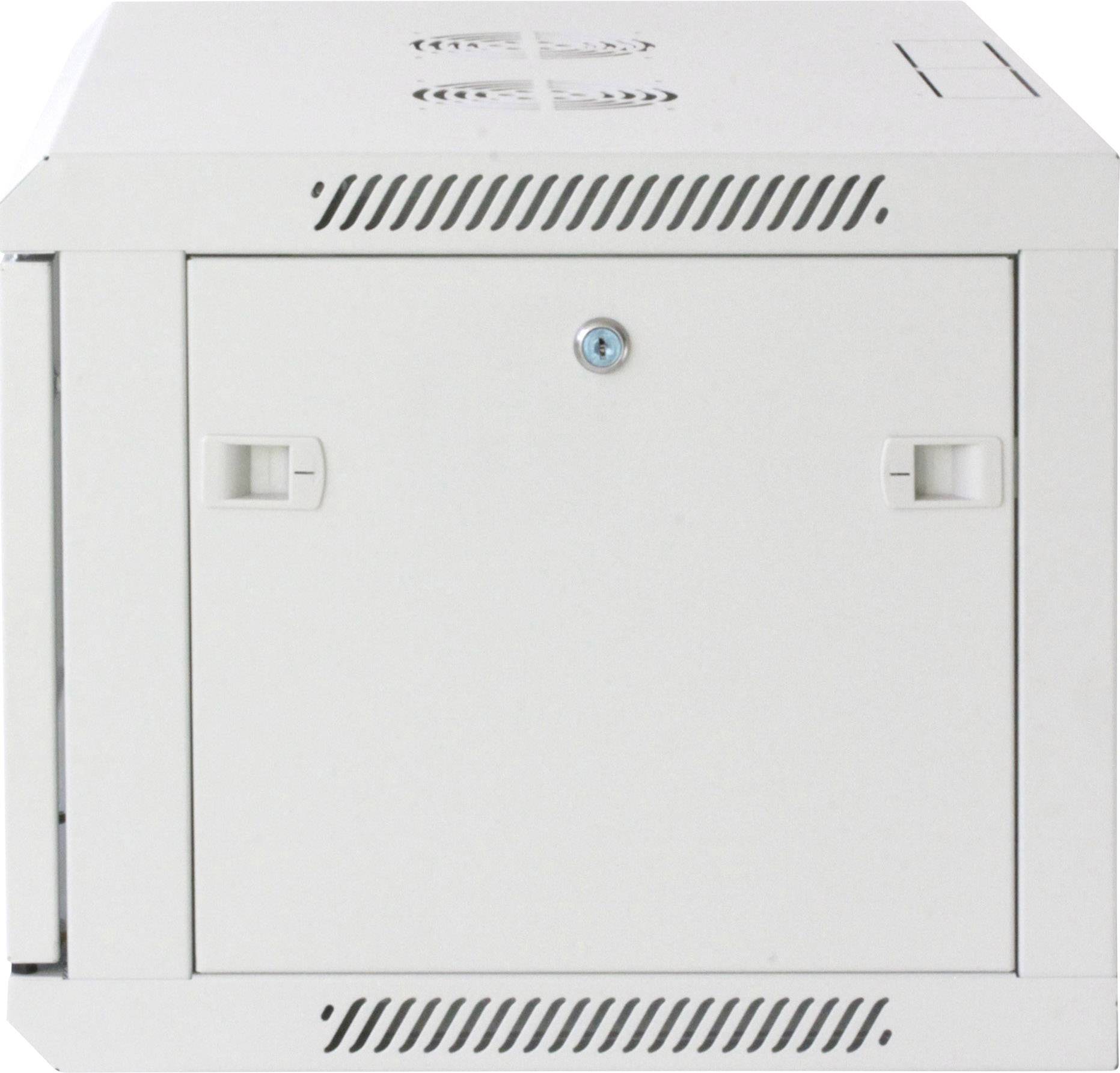 Weißer Server-Schrank mit Belüftungsöffnungen und verschließbarer Fronttür. Ideal für Netzwerkgeräte in Büroumgebungen.