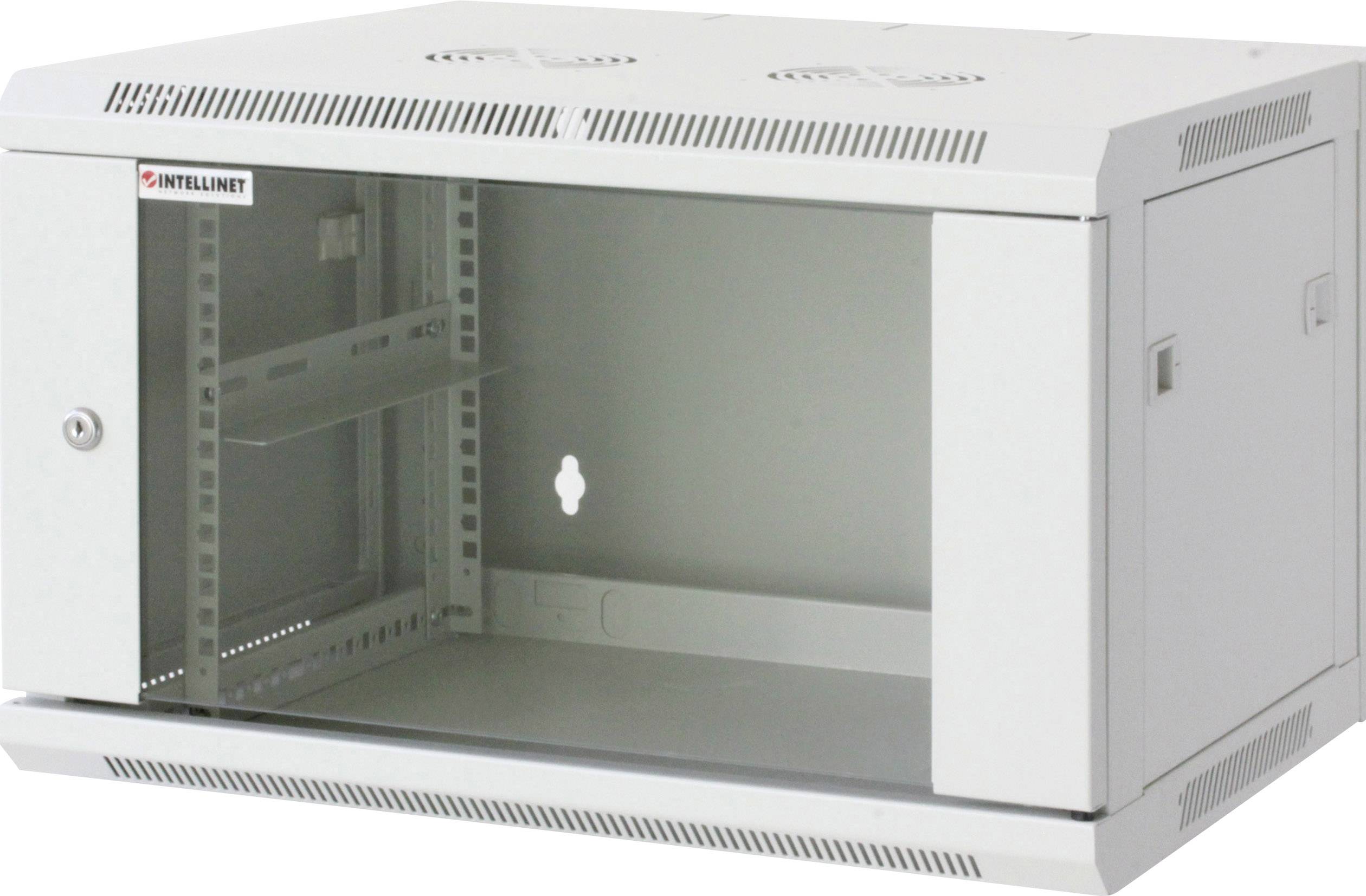 Leeres graues Server-Rack-Gehäuse mit Glastür, geeignet zur Montage elektronischer Komponenten in IT-Umgebungen.
