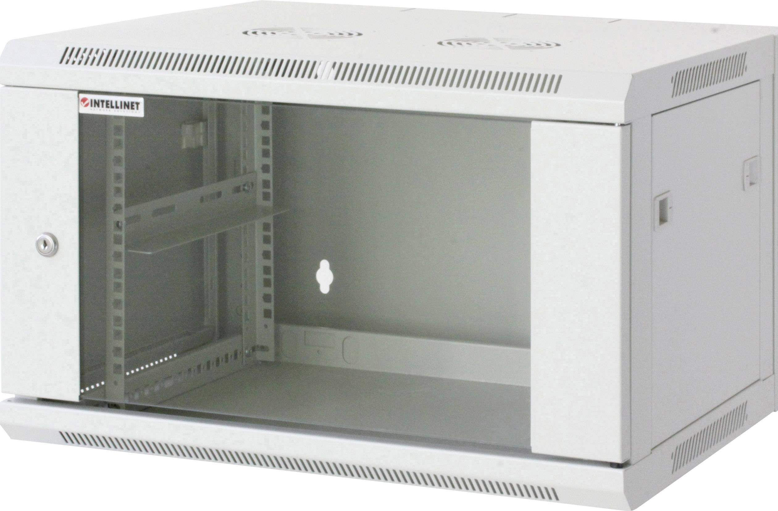 Ein leeres, graues Wandmontage-Rack-Gehäuse mit Belüftungsschlitzen und einer Glastür, geeignet zur Aufbewahrung von IT-Ausrüstung.