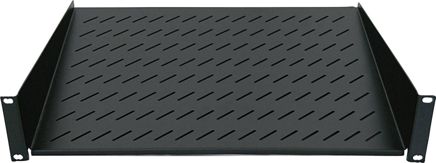 Ein schwarzes, perforiertes Regalboden für ein 19-Zoll-Rack, geeignet zur Belüftung und stabilen Ablage von Geräten in einem Rack.