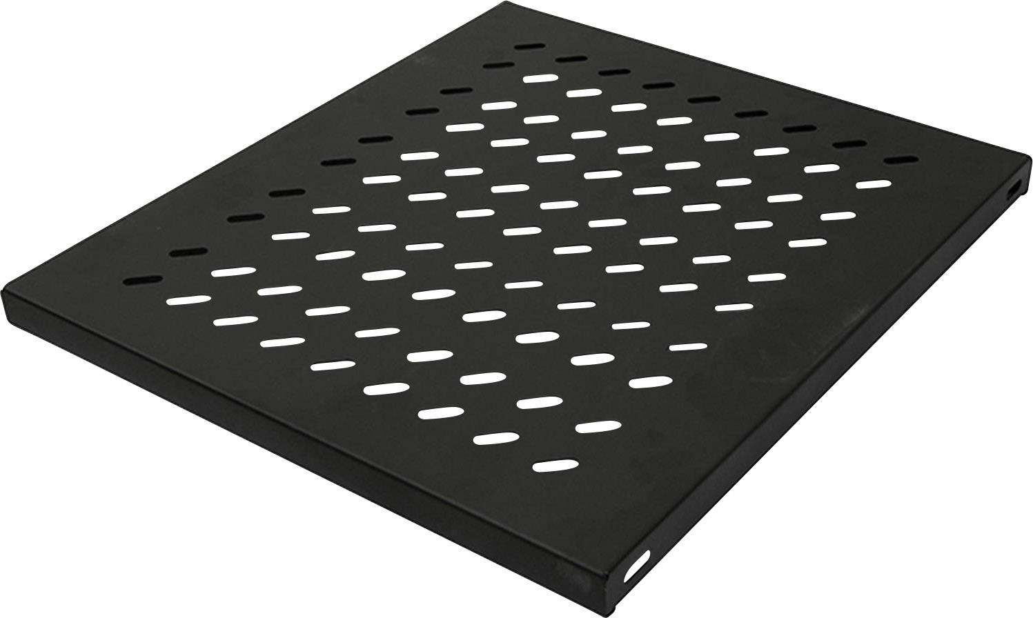 Ein schwarzes, rechteckiges Metallgitter mit ovalen Löchern, möglicherweise als Belüftungsgitter oder Regaleinsatz verwendet.