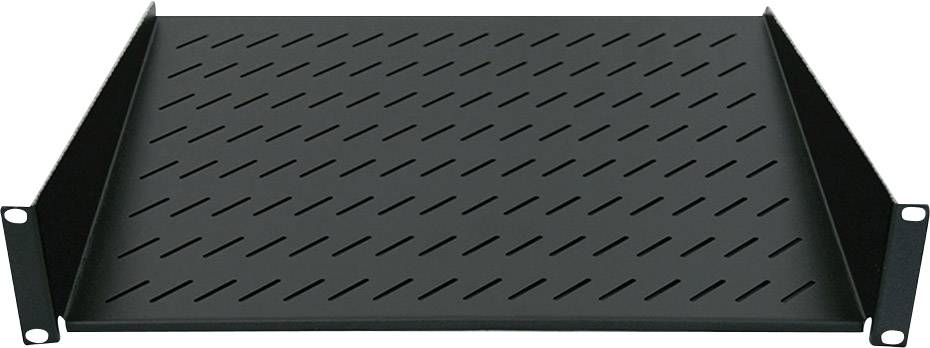 Schwarzes, perforiertes Regalbrett mit seitlichen Halterungen, passend für den Einbau in einen 19-Zoll-Rackmount. Geeignet für Hardware.