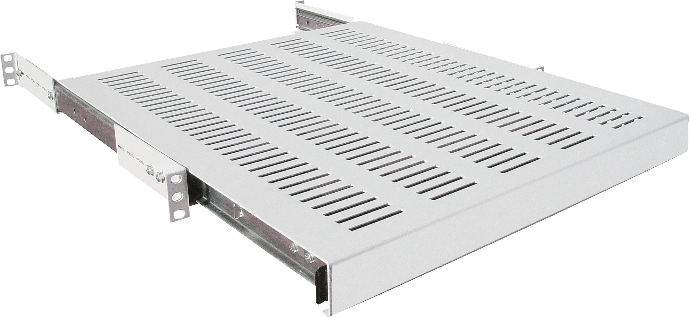 Metallisches Rack-Montageregal mit Belüftungsschlitzen, dient zur Unterstützung und Kühlung von Geräten in Serverschränken.