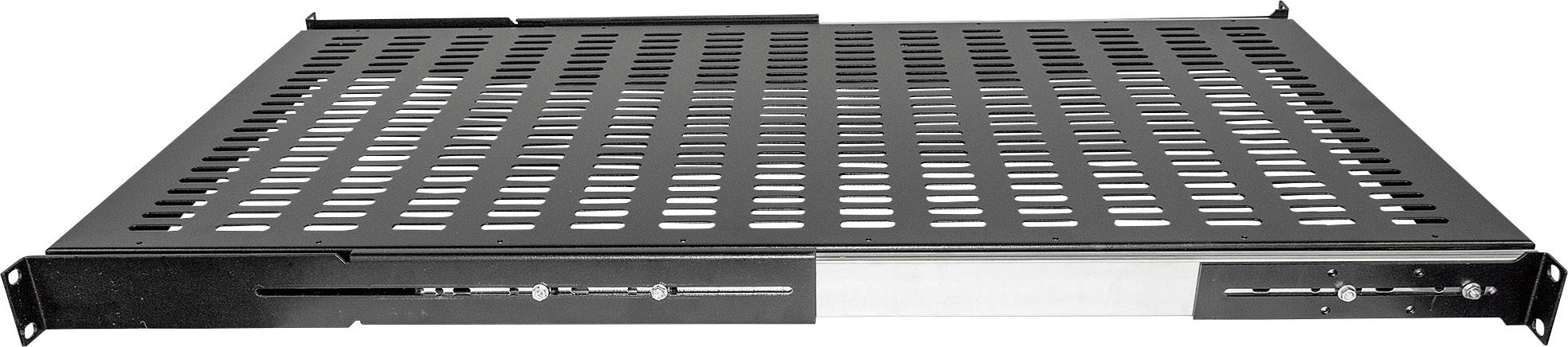 Schwarzes, perforiertes Rack-Mountable Metal Shelf zur Belüftung, geeignet für Server-Schränke oder elektronische Geräte.