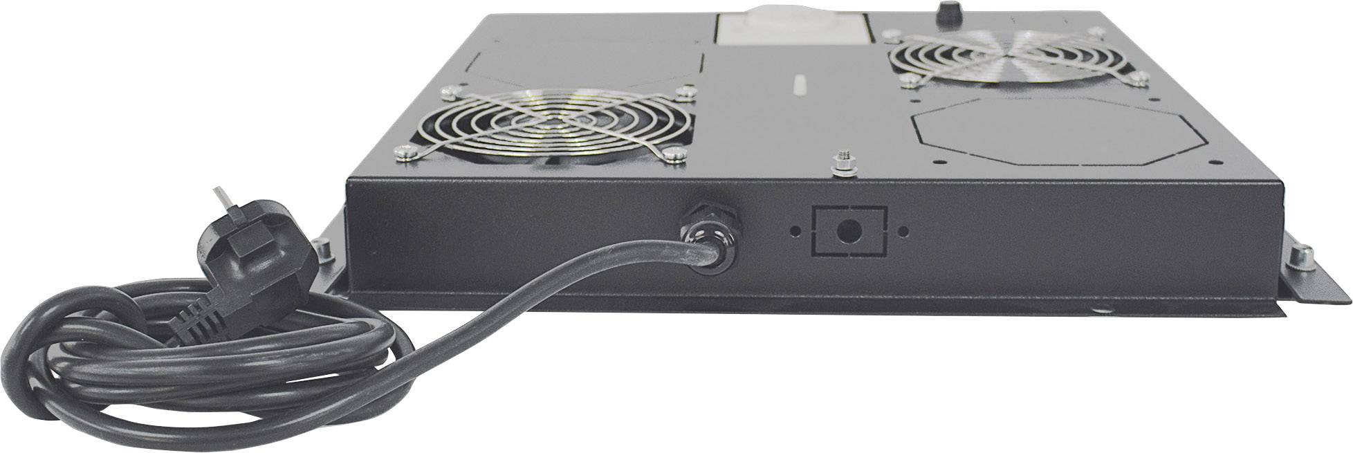 Ein schwarzes, rechteckiges Gerät mit zwei Lüftern und einem Stromkabel. Das Gerät ist flach und für technische Anwendungen gedacht.