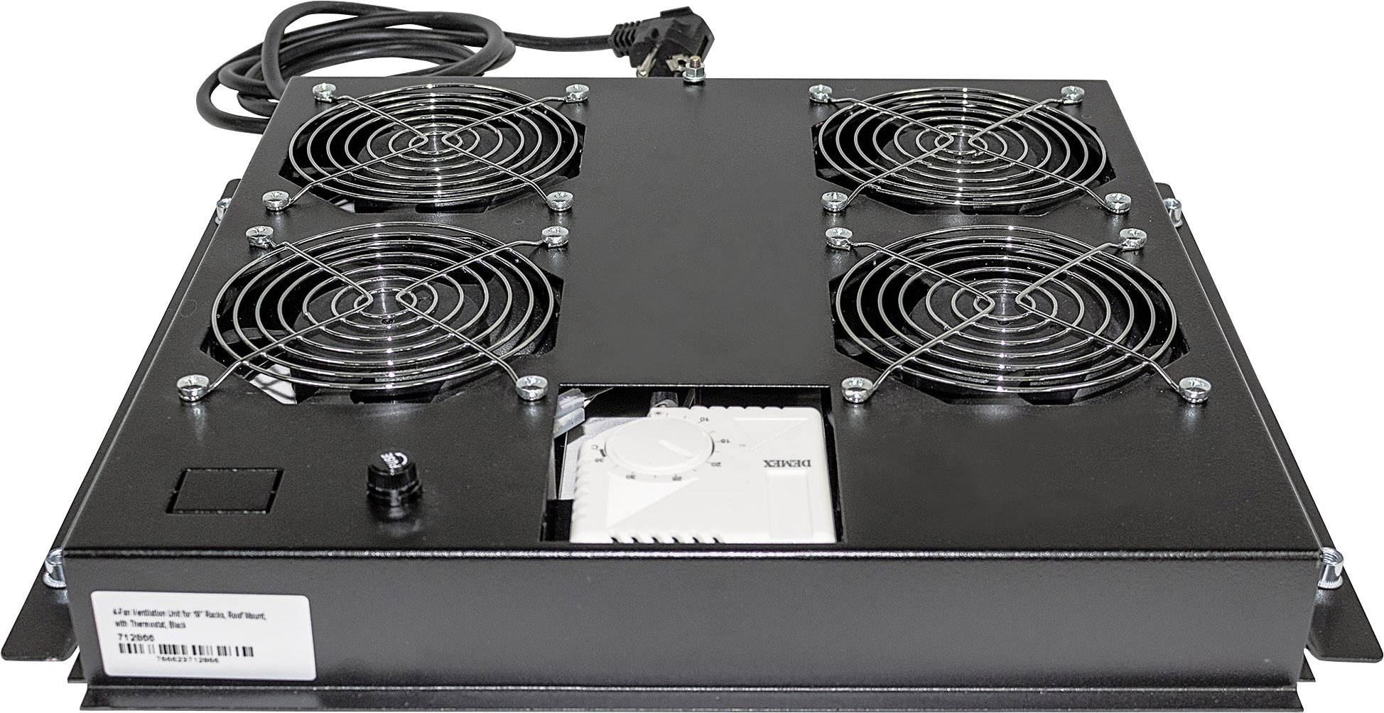Vier schwarze Lüfter in einem Metallgehäuse mit Kabel. Lüfter sind gleichmäßig verteilt und durch Gitter geschützt.
