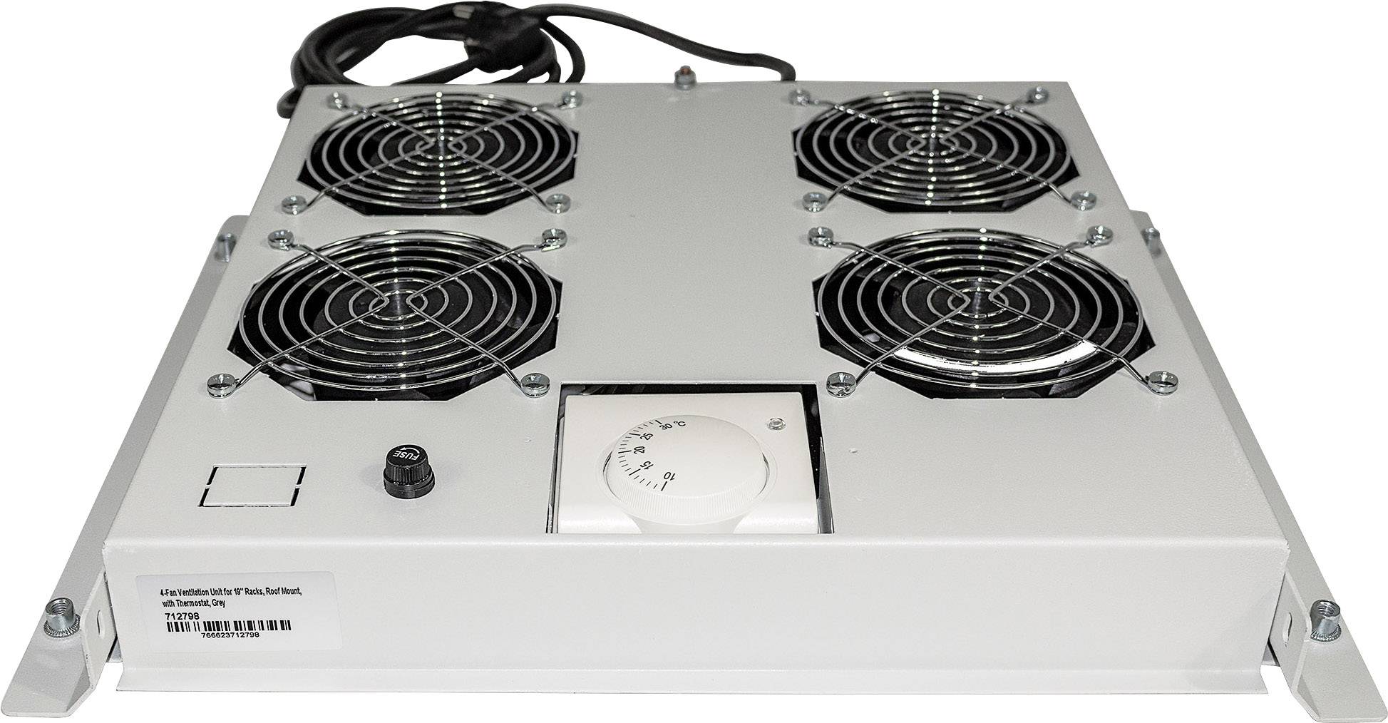 Ein weißes elektrisches Kühlgerät mit vier Lüftern und einem Drehregler zur Temperatursteuerung, geeignet für den industriellen Gebrauch.