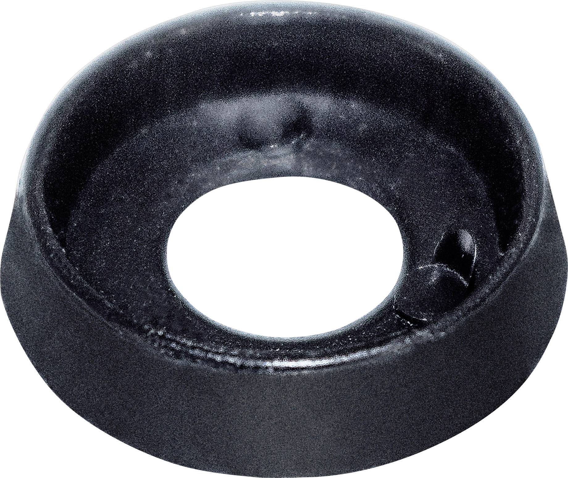 Schwarze, runde Metallabdeckung mit zentralem Loch und kleinerer seitlicher Öffnung; könnte eine Montageteil sein.