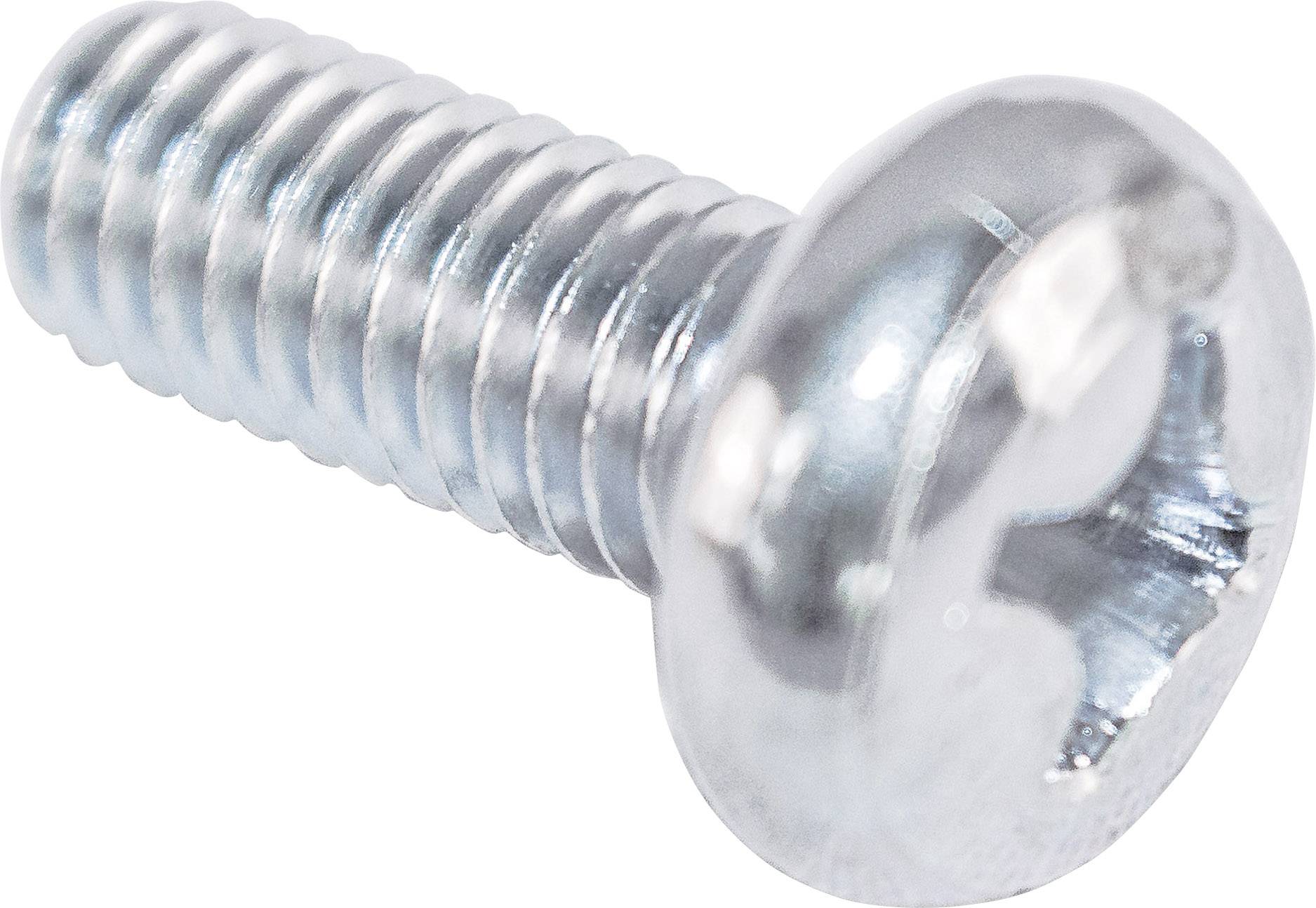 Metallschraube mit rundem Kopf und Kreuzschlitz, seitliche Ansicht. Sie hat ein kurzes Gewinde und eine glänzende, silberne Oberfläche.