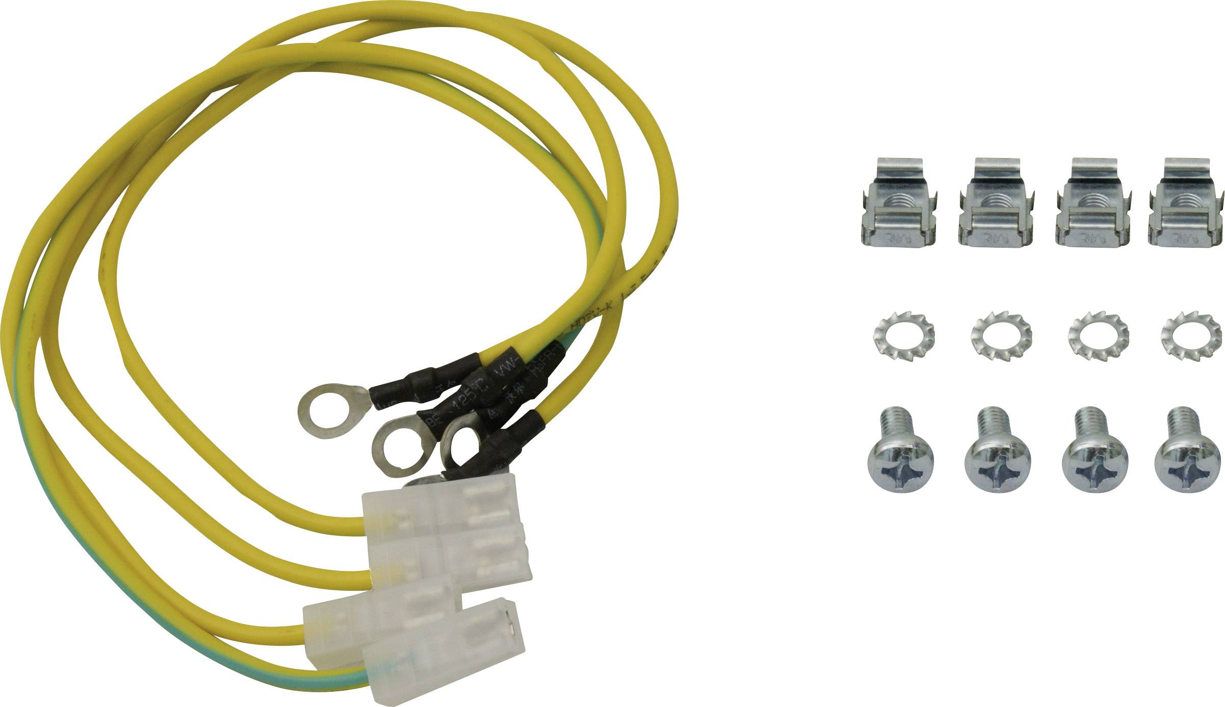 Gelbes Kabelset mit Ringösen und Steckverbindern, vier Metallklemmen, vier Schraubmuttern, vier Schrauben.