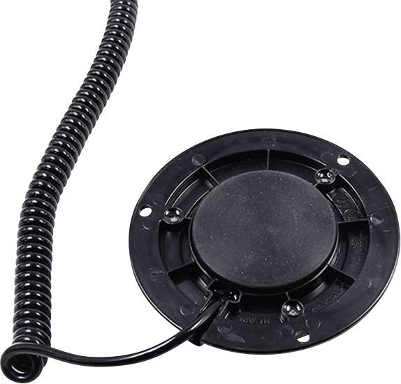 Eine schwarze, runde Bodendose mit einem spiralisierten Kabel.