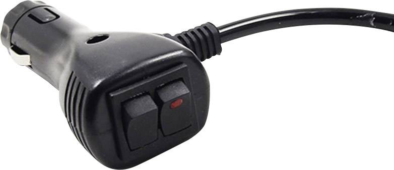 Ein schwarzer Kfz-Ladegerät-Adapter mit zwei Schaltern, einer mit einer roten Markierung, und einem Kabelanschluss.